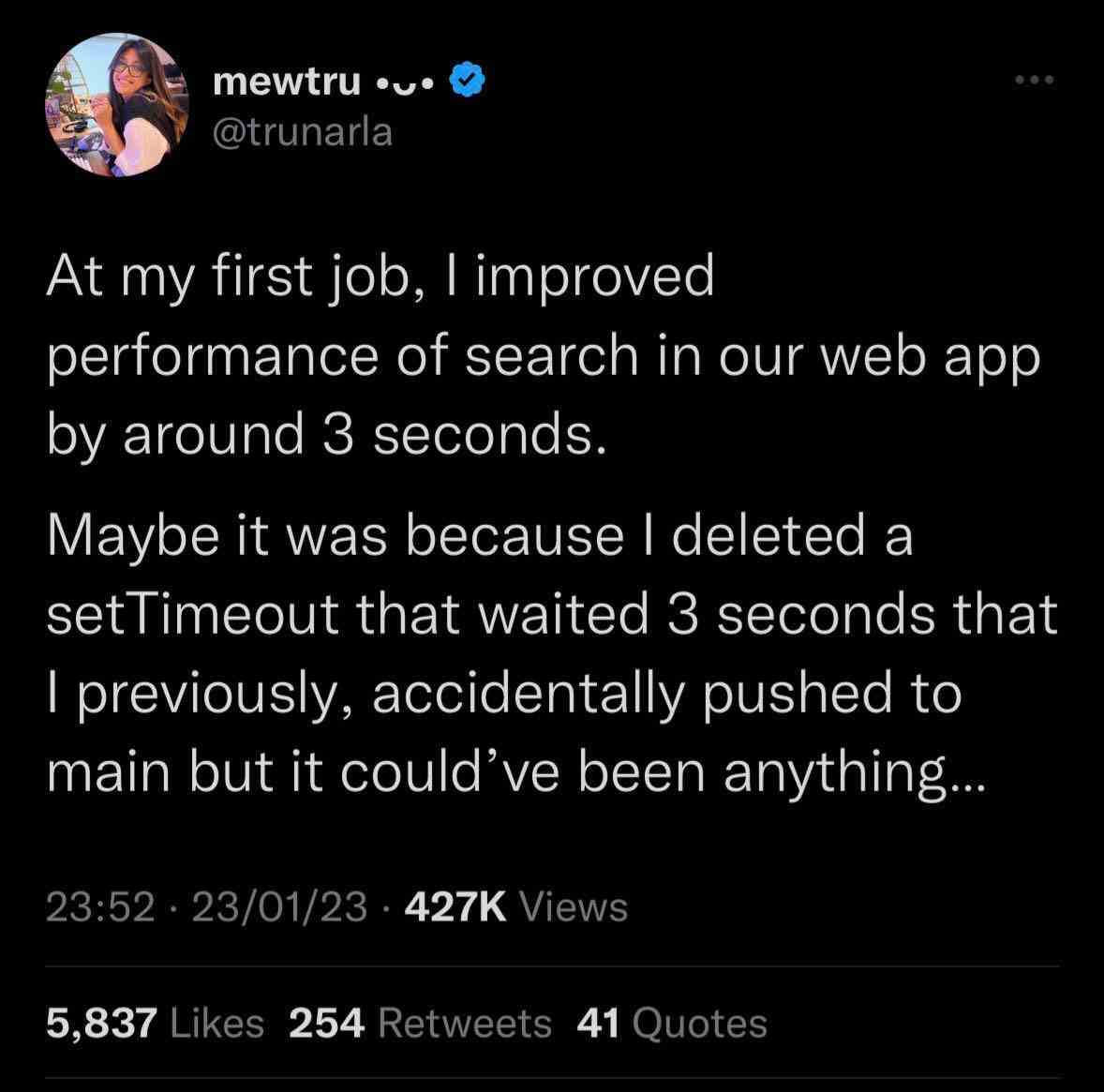 At my first job, I improved performance of search in our web app by around 3 seconds