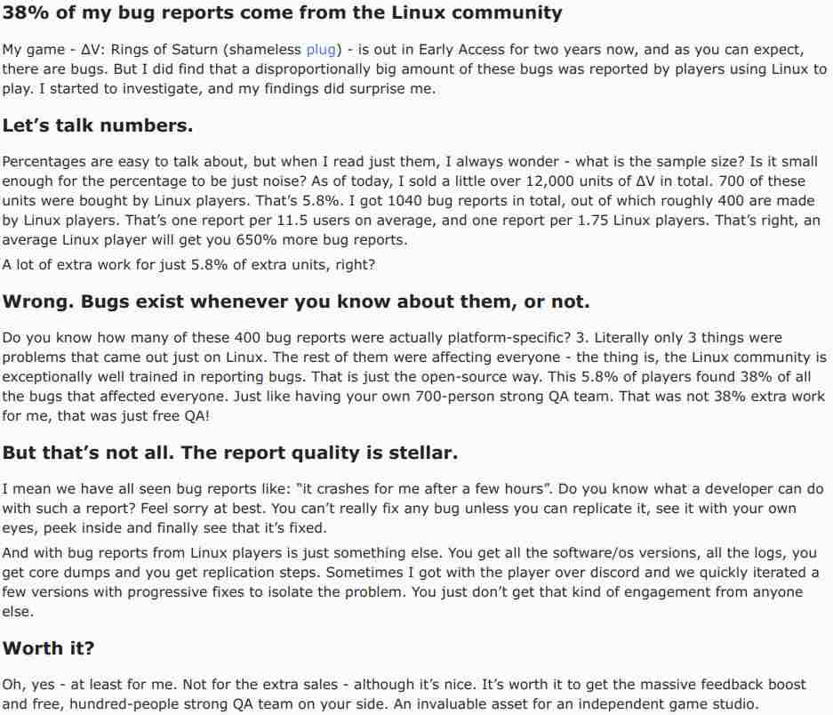 Despite having just 5.8% sales, over 38% of bug reports come from the Linux community