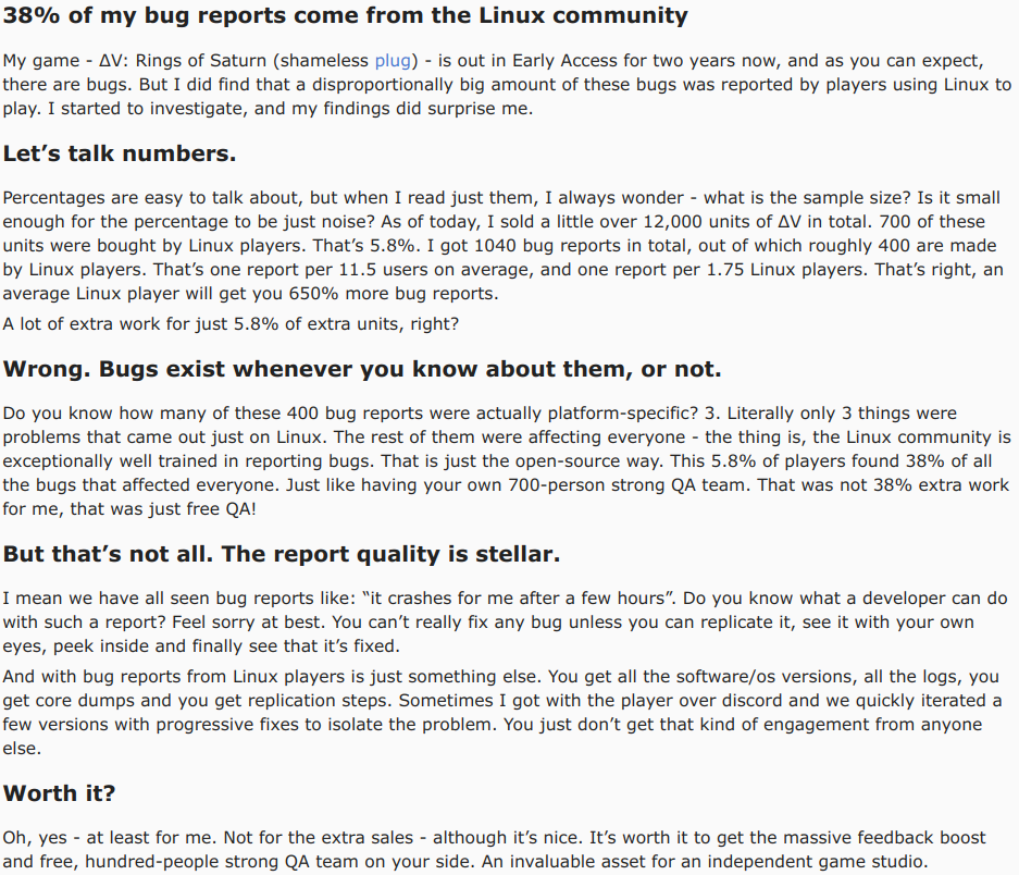 Despite having just 5.8% sales, over 38% of bug reports come from the Linux community