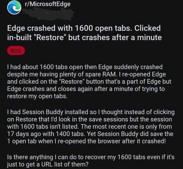 Edge crashed with 1600 open tabs