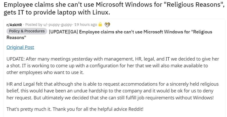 Employee claims she can't use Microsoft Windows for 