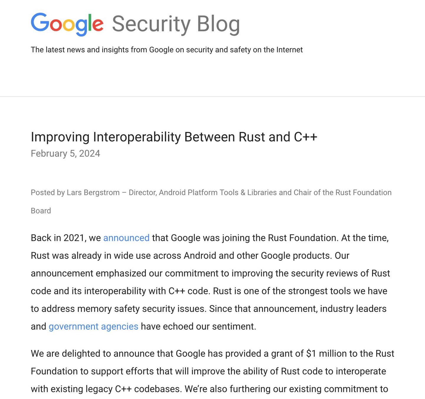 Google is donating $1M to the rust foundation to improve C++/Rust interoperability