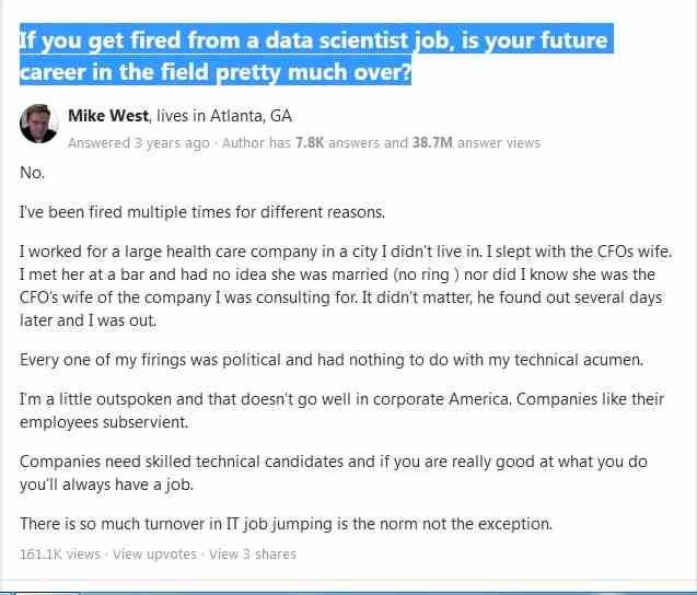 If you get fired from a data scientist job, is your future career in the field pretty much over?