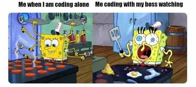 Me when i am coding alone vs Me coding with my boss watching