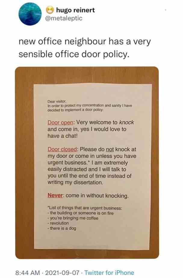 New office neighbour has a very sensible office door policy