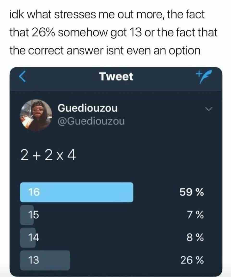 What stresses me out more, the fact that 26% somehow got 13 or the fact that the correct answer isnt even an option