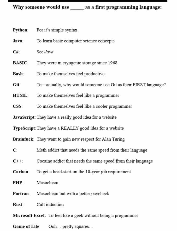 Why someone would use ____ as a first programming language 